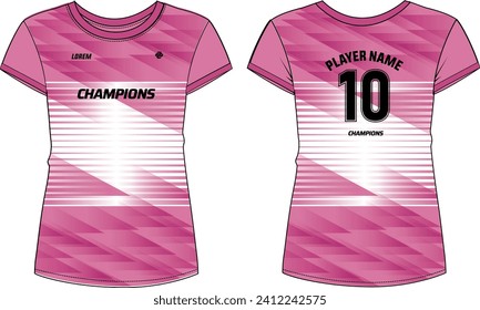 Women Sport Jersey t-shirt design flat sketch Illustration, Stripe Gradient pattern Round neck t shirt for girl and Ladies Volleyball jersey, Football, badminton, Soccer and netball, Sport uniform kit