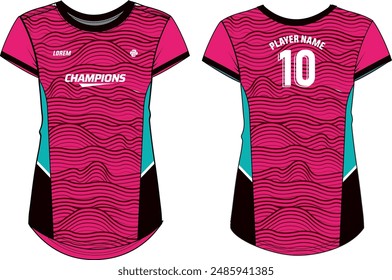 Women Sport Jersey t-shirt design flat sketch Illustration, abstract wavy pattern Round neck t shirt for girl and Ladies Volleyball jersey, Football, badminton, Soccer and netball, Sport uniform kit