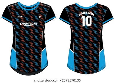 Women Sport Jersey t-shirt design flat sketch Illustration, degrade line pattern Round neck t shirt for girl and Ladies Volleyball jersey, Football, badminton, Soccer and netball, Sport uniform kit