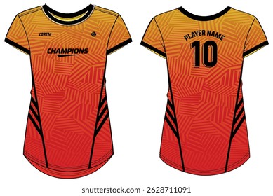 Women Sport Jersey t-shirt design flat sketch Illustration, stripe abstract pattern Round neck t shirt for girl and Ladies Volleyball jersey, Football, badminton, Soccer and netball, Sport uniform kit
