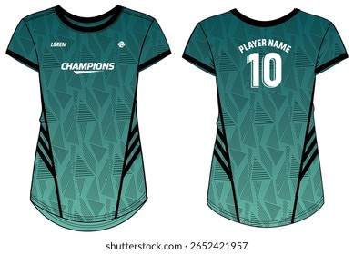 Women Sport Jersey t-shirt design flat sketch Illustration, Geometric pattern Round neck t shirt for girl and Ladies Volleyball jersey, Football, badminton, Soccer and netball, Sport uniform kit