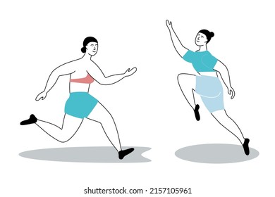 Women sport poses. Running and jumping active girl in sport uniform, dancing athletic lady, training position, young female doodle characters, healthy lifestyle vector fitness positions set