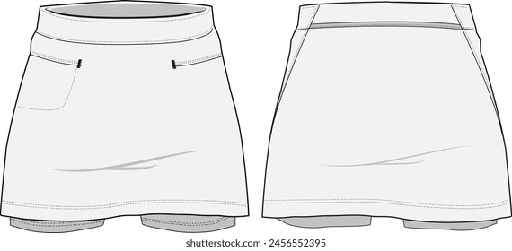 Women sport skirt with compression shorts flat sketch fashion Illustration skort concept with front and back view	