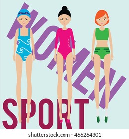 Women sport team. Swimmer, runner, gymnast in sport outfit