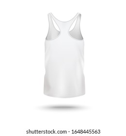 Women sport t-shirt or active wear vest white blank template back view, realistic vector illustration isolated on white background. Sleeveless sport clothing mockup.