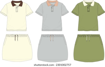 women sport wear  polo t-shirt and skirt template 