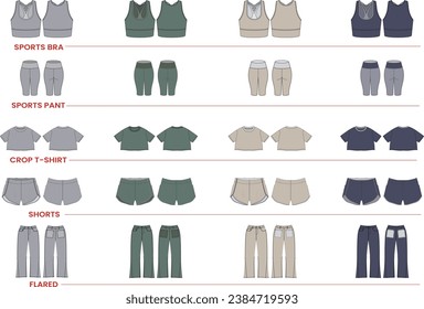 Women Sports Bra Flat Sketch Sports Pant Fashion Illustration Activewear Technical Drawings Vector Mockup Template Crew Neck Women's T-shirt Tee Shirt Fashion Flat Flared Jeans Pant Technical Drawing 