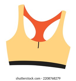 Women sports bra icon, crop top with racer back for fitness and running, doodle illustrations of healthy lifestyle, fashionable sportswear, vector outfit for training in gym, isolated colored clipart 