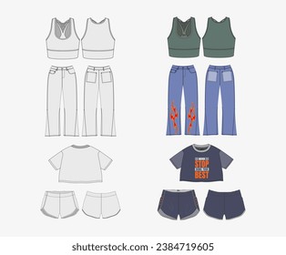 Women Sports Bra Pants Technical Drawing Illustration Blank Short Tee Shirt Shorts  Mock-up Template Fashion Flat CAD Mockups Womenswear Tshirt Flats Vector 