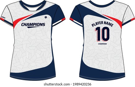 Women Sports Jersey round neck t-shirt design concept Illustration suitable for girls and Ladies for Volleyball jersey, Football, badminton, Soccer, netball and tennis, Sport uniform kit for sports