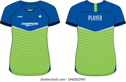 Women Sports Jersey t-shirt design concept Illustration, Raglan V Neck t shirt for girls and Ladies Volleyball jersey, Football, badminton, Soccer, netball and tennis, Sport uniform kit for sports