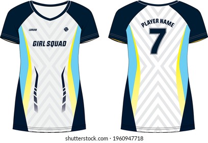 Women Sports Jersey t-shirt design concept Illustration, Raglan V Neck t shirt for girls and Ladies Volleyball jersey, Football, badminton, Soccer, netball and tennis, Sport uniform kit for sports