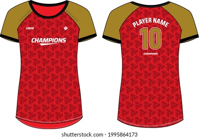 Women Sports Jersey t-shirt design concept Illustration, Raglan round Neck t shirt for girls and Ladies Volleyball jersey, Football, badminton, Soccer, netball and tennis, Sport uniform kit for sports
