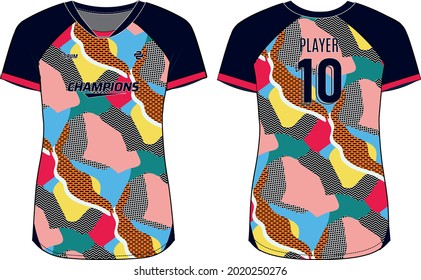 Women Sports Jersey t-shirt design concept Illustration, abstract geometric printed Raglan V Neck t shirt for girls and Ladies Volleyball jersey, Football, badminton, Soccer and netball