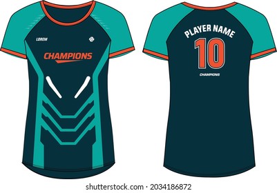 Women Sports Jersey t-shirt design concept Illustration, abstract geometric pattern round Neck t shirt for girls and Ladies Volleyball jersey, Football, badminton, Soccer, netball. Sport uniform kit