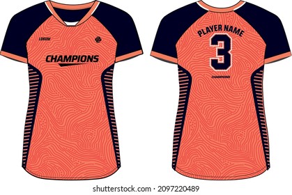 Women Sports Jersey t-shirt design concept Illustration,abstract printed V Neck t shirt for girls and Ladies Volleyball jersey, Football, badminton, Soccer and netball, Sport uniform kit