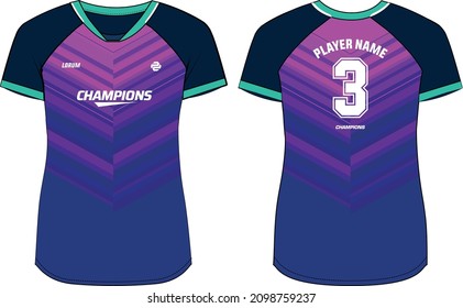 Women Sports Jersey t-shirt design concept Illustration, abstract stripe printed V Neck t shirt for girls and Ladies Volleyball jersey, Football, badminton, Soccer and netball, Sport uniform kit