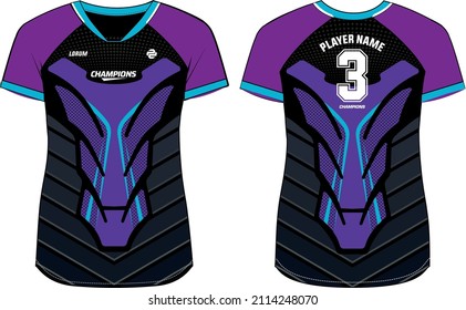 Women Sports Jersey t-shirt design flat sketch Illustration, Abstract pattern round Neck t shirt for girls and Ladies Volleyball jersey, Football, badminton, Soccer, netball. Sport uniform kit