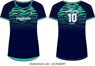 Women Sports Jersey t-shirt design Flat Sketch Illustration, Tiger pattern round Neck t shirt for girls and Ladies Volleyball jersey, Football, badminton, Soccer, netball. Sport uniform kit