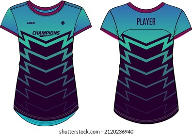 Women Sports Jersey t-shirt design flat sketch Illustration, Abstract pattern Round neck t shirt for girls and Ladies Volleyball jersey, Football, badminton, Soccer and netball, Sport uniform kit