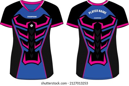 Women Sports Jersey t-shirt design flat sketch Illustration, Abstract pattern round Neck t shirt for girls and Ladies Volleyball jersey, Football, badminton, Soccer, netball. Sport uniform kit