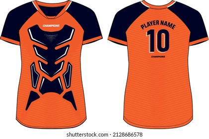 Women Sports Jersey t-shirt design flat sketch Illustration, Abstract pattern round Neck t shirt for girls and Ladies Volleyball jersey, Football, badminton, Soccer, netball. Sport uniform kit