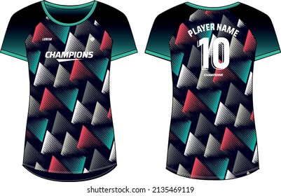 Women Sports Jersey t-shirt design Flat Sketch Illustration, Abstract triangle pattern round Neck t shirt for girls and Ladies Volleyball jersey, Football, badminton, Soccer, netball. Sport kit