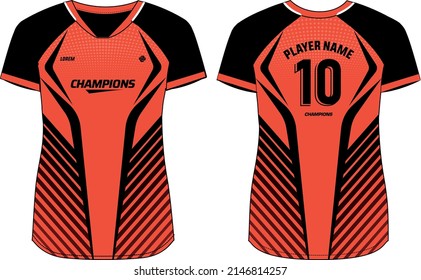 Women Sports Jersey t-shirt design Flat sketch Illustration, abstract pattern V Neck t shirt for girls and Ladies Volleyball jersey, Football, badminton, Soccer and netball, Sport uniform kit