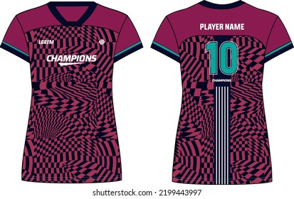 Women Sports Jersey t-shirt design flat sketch illustration with abstract check pattern suitable for girls and Ladies for Volleyball jersey, Football, Soccer and netball, Sport uniform kit for sports