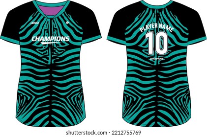 Women Sports Jersey t-shirt design Flat sketch Illustration, Tiger skin pattern V Neck t shirt for Ladies Volleyball jersey, Football, badminton, Soccer and netball, Sport uniform kit