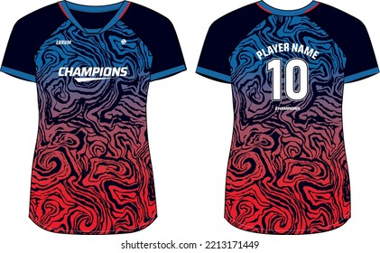 Women Sports Jersey t-shirt design Flat sketch Illustration, marble fossil pattern V Neck t shirt for Ladies Volleyball jersey, Football, badminton, Soccer and netball, Sport uniform kit