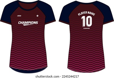 Women Sports Jersey t-shirt design Flat Sketch Illustration, Abstract pattern round Neck t shirt for girls and Ladies Volleyball jersey, Football, badminton, Soccer, netball. Sport uniform kit