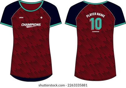 Women Sports Jersey t-shirt design flat sketch Illustration, halftone abstract pattern round Neck t shirt for girl and Ladies Volleyball jersey, Football, badminton, Soccer, netball. Sport uniform kit