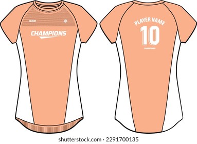 Women Sports Jersey t-shirt design Flat Sketch Illustration, Active round Neck t shirt for girls and Ladies Volleyball jersey, Football, badminton, Soccer, netball. Sport uniform kit