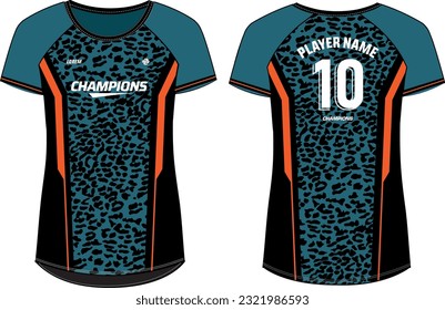 Women Sports Jersey t-shirt design flat sketch Illustration, Leopard skin pattern round Neck t shirt for girl and Ladies Volleyball jersey, Football, badminton, Soccer, netball. Sport uniform kit