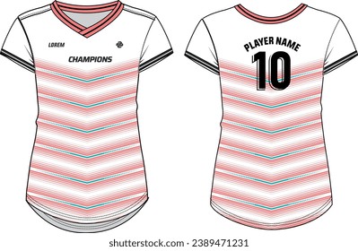 Women Sports Jersey t-shirt design flat sketch illustration with Chevron pattern suitable for girls and Ladies for Volleyball jersey, Football, Soccer and netball, Sport uniform kit for sports
