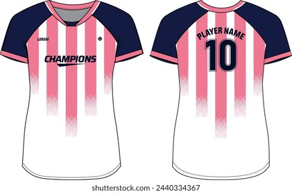 Women Sports Jersey t-shirt design Flat sketch Illustration, Stripe abstract pattern V Neck t shirt for Ladies Volleyball jersey, Football, badminton, Soccer and netball, Sport uniform kit
