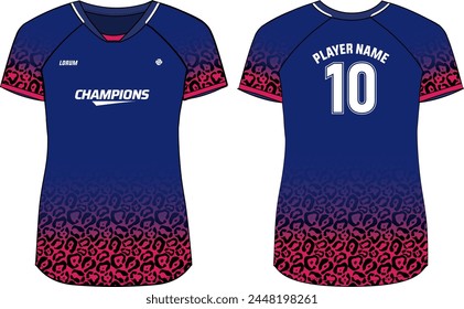 Women Sports Jersey t-shirt design Flat sketch Illustration, Leopard skin pattern V Neck t shirt for Ladies Volleyball jersey, Football, badminton, Soccer and netball, Sport uniform kit