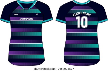 Women Sports Jersey t-shirt design Flat sketch Illustration, Stripe abstract pattern V Neck t shirt for Ladies Volleyball jersey, Football, badminton, Soccer and netball, Sport uniform kit