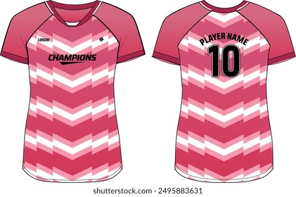 Women Sports Jersey t-shirt design Flat sketch Illustration, Stripe abstract pattern V Neck t shirt for Ladies Volleyball jersey, Football, badminton, Soccer and netball, Sport uniform kit