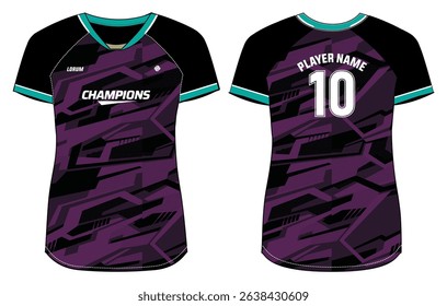 Women Sports Jersey t-shirt design Flat sketch Illustration, Geometric pattern V Neck t shirt for girls and Ladies Volleyball jersey, Football, badminton, Soccer and netball, Sport uniform kit