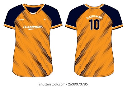 Women Sports Jersey t-shirt design Flat sketch Illustration, abstract degrade stripe pattern V Neck t shirt for Ladies Volleyball jersey, Football, badminton, Soccer and netball, Sport uniform kit