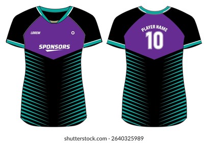 Women Sports Jersey t-shirt design Flat sketch Illustration, abstract degrade stripe pattern V Neck t shirt for Ladies Volleyball jersey, Football, badminton, Soccer and netball, Sport uniform kit