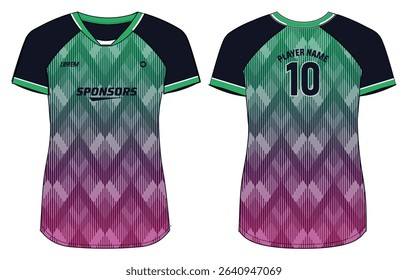 Women Sports Jersey t-shirt design Flat sketch Illustration, abstract degrade stripe pattern V Neck t shirt for Ladies Volleyball jersey, Football, badminton, Soccer and netball, Sport uniform kit
