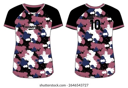 Women Sports Jersey t-shirt design Flat sketch Illustration, Abstract paint splatter  V Neck t shirt for girls and Ladies Volleyball jersey, Football, badminton, Soccer and netball, Sport uniform kit