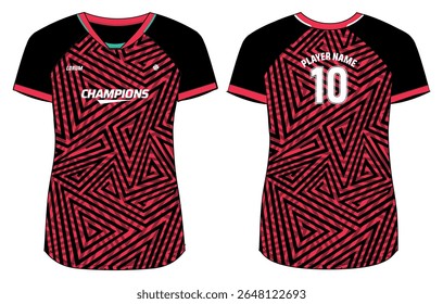 Women Sports Jersey t-shirt design Flat sketch Illustration, abstract stripe pattern V Neck t shirt for Ladies Volleyball jersey, Football, badminton, Soccer and netball, Sport uniform kit