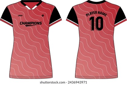 Women Sports Jersey t-shirt flat sketch design illustration with Wave Stripe pattern suitable for girls and Ladies for Volleyball jersey, Football, Soccer and netball, Sport uniform kit for sports