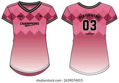 Women Sports Jersey t-shirt flat sketch design illustration with abstract check pattern suitable for girls and Ladies for Volleyball jersey, Football, Soccer and netball, Sport uniform kit for sports