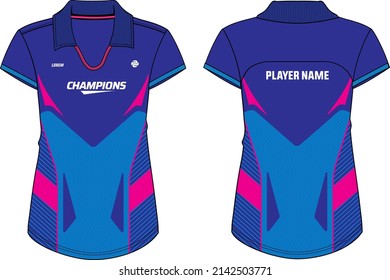 Deportes Mujeres Camiseta de cuello de polo Diseño de Jersey Esbozo plano Vector de ilustración adecuado para niñas y Damas para fútbol, cricket, fútbol, voleibol, Netball, tenis y juego de uniformes deportivos de bádminton