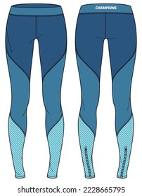 Women Sports running tights leggings Pants design flat sketch vector illustration, Compression pants concept with front and back view, Tights for jogging, fitness, and active wear pants design.